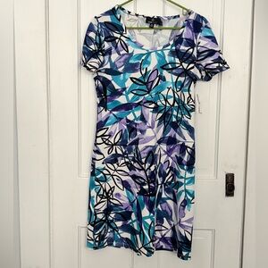 Ronni Nicole Blue, Purple & Black Leaf-Print Short Sleeve Midi Dress
